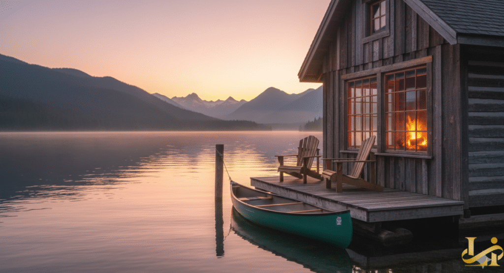 A close-up view of a rustic, wooden floating cabin with a warm light inside, set on a calm lake with a green canoe tied to the dock. The background shows a misty, mountainous sunset landscape, characteristic of the unique, cozy accommodations at Ross Lake Resort in the North Cascades.