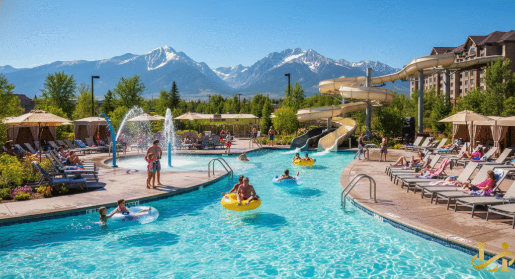 Guests enjoy the outdoor lazy river, water slides, and sun-loungers at the aquatic center of Gaylord Rockies Resort, with towering, snow-capped Rocky Mountains providing a spectacular natural backdrop on a clear day.