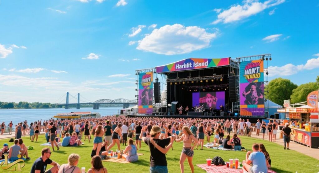 A broad view of a sunny, outdoor music festival on a grassy lawn next to a river. A large crowd is gathered in front of a brightly lit stage labeled "Harhiit Island" and "HÖNÜT NÖÜDÜ."