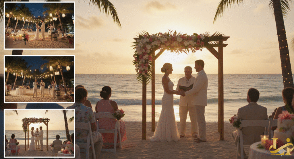 A collage centered on a beautiful beach wedding ceremony at Bolongo Bay Beach Resort at sunset, showing the couple exchanging vows under a floral arch with guests, and inset images of the ceremony and an outdoor reception lit by string lights under palm trees.