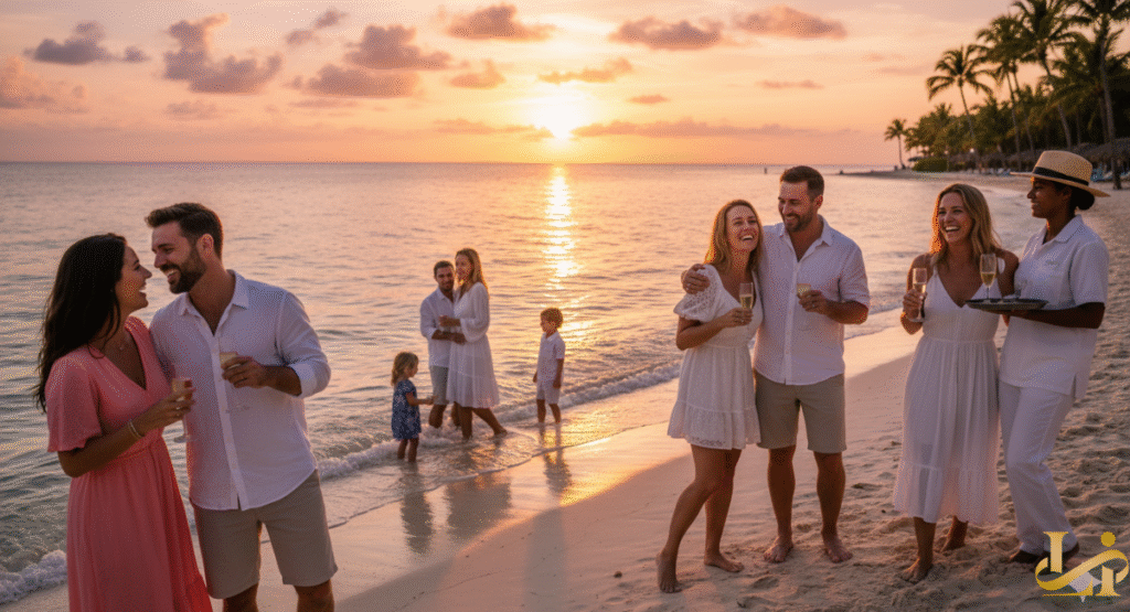A couple toasts with cocktails in an exclusive outdoor lounge area featuring chic white cabanas and seating. The luxury space opens onto an infinity pool and a stylish marble bar, all overlooking the clear turquoise ocean at sunset.