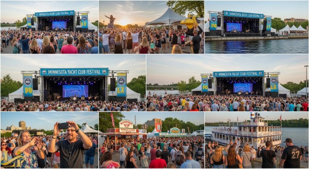 A photo collage showing multiple scenes from the "Minnesota Yacht Club Festival," including large crowds gathered in front of the main stage, people cheering at sunset, attendees holding up cell phones to take pictures, a variety of food and beverage tents, and a large paddle-wheel boat docked nearby, illustrating the special waterfront music event.