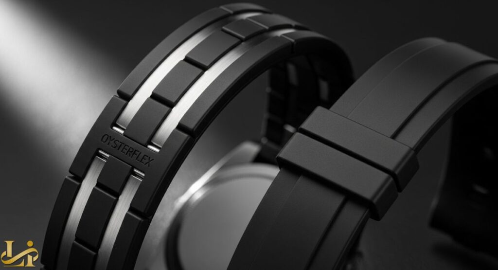 A close-up, stylized view of the Rolex Oysterflex bracelet, showing its unique construction with black elastomer on the exterior and visible, contrasting internal metal blades (likely titanium and nickel alloy) which distinguish it from a standard rubber strap. The word "OYSTERFLEX" is embossed on the band.