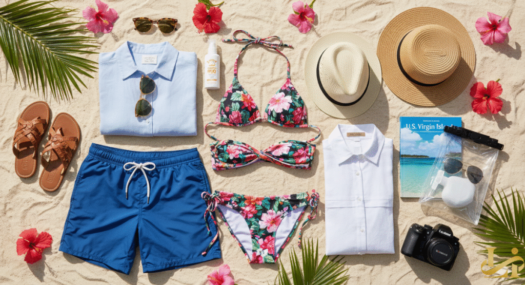A flat lay photo of essential items to pack for a luxury trip to the US Virgin Islands, including men's and women's swimwear, sandals, sun hats, sunglasses, sunblock, a camera, a waterproof bag, and a travel guide, all arranged on sand with hibiscus flowers and palm fronds.