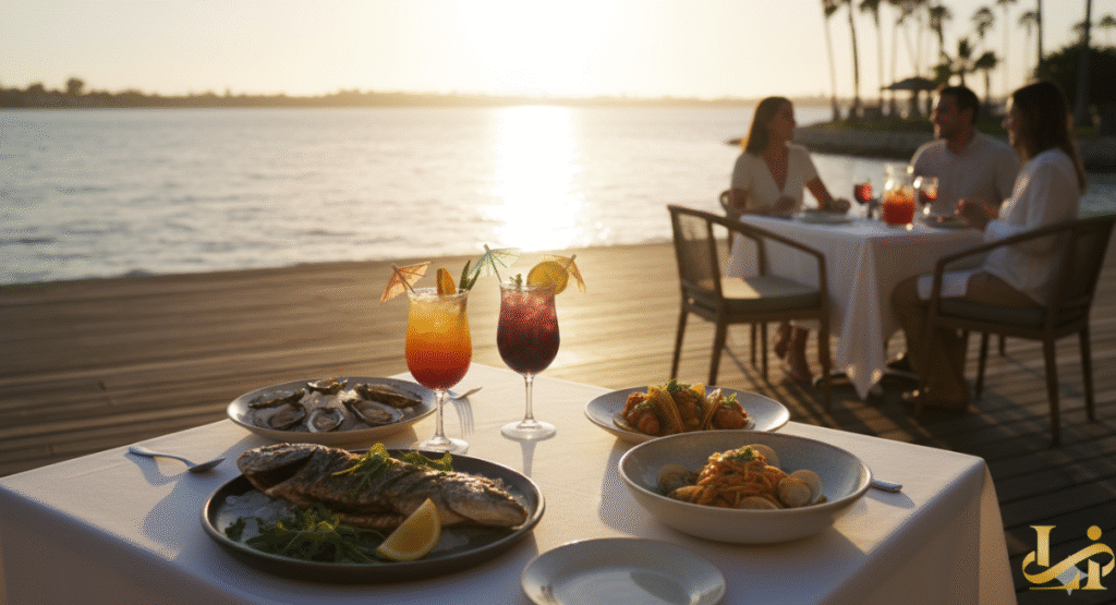 A bright, modern luxury resort room with floor-to-ceiling windows offering a panoramic view of the beach and turquoise ocean. The room features a king bed, a chic sitting area in coastal tones, and high-end contemporary furnishings.