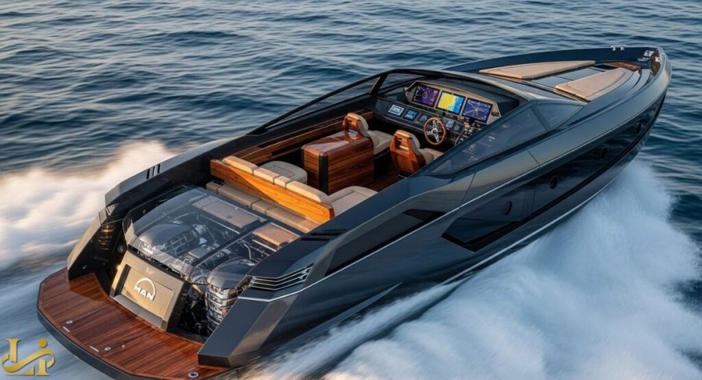High-angle view of a sleek, dark grey and black Tecnomar for Lamborghini 63 luxury yacht speeding across the water, showcasing its powerful twin engines visible under a clear glass panel at the stern and its luxurious wood and tan interior.