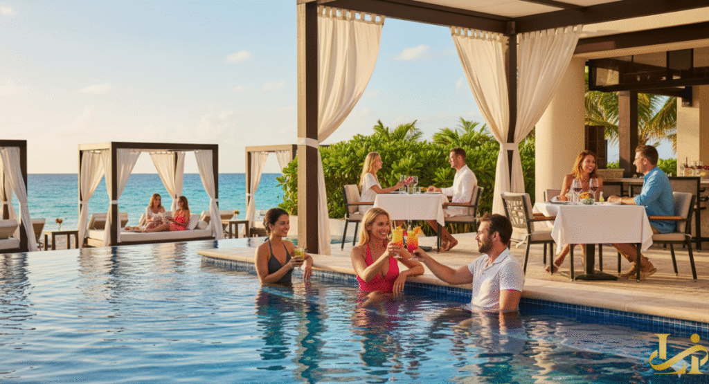 A couple toasts with cocktails at an elegantly set table on the beach at sunset, surrounded by string lights draped between palm trees and overlooking the ocean, epitomizing a romantic evening at Secrets Resorts or similar adults-only property.