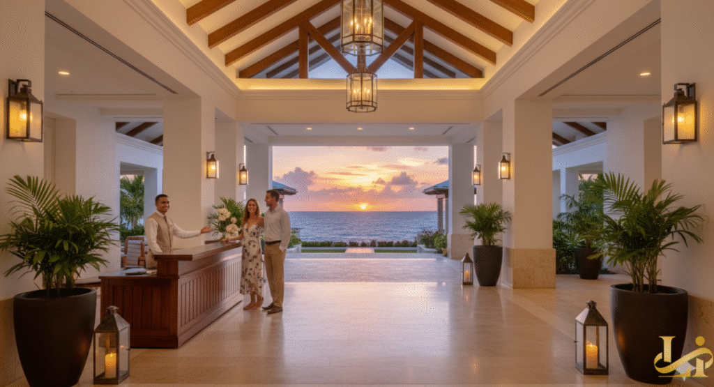 The elegant, open-air lobby of the Curaçao Marriott Beach Resort at sunset, featuring high vaulted ceilings, modern chandeliers, lush potted palms, a welcoming check-in desk, and a couple being greeted by a staff member with a spectacular view of the ocean horizon.