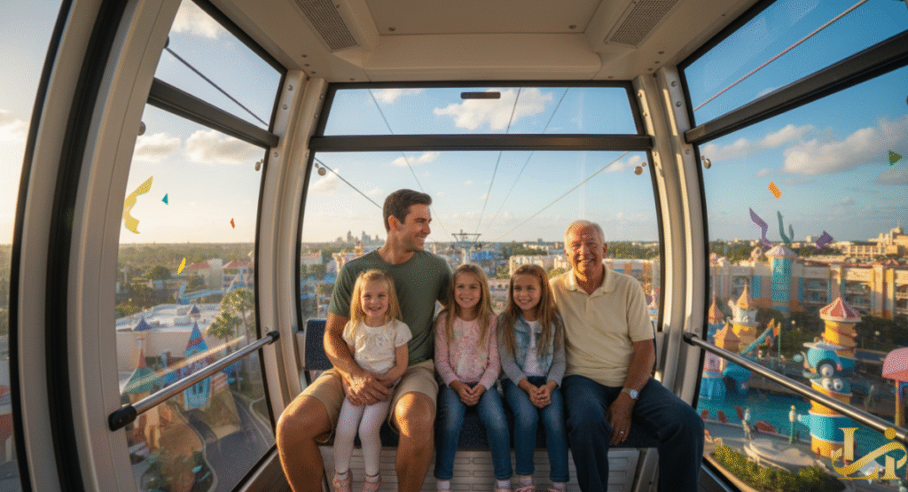 A multi-generational family—a father, grandfather, and three young girls—smiling while seated inside a Disney Skyliner gondola cabin, with the colorful resort buildings of the Disney Skyliner Resorts visible outside the windows.