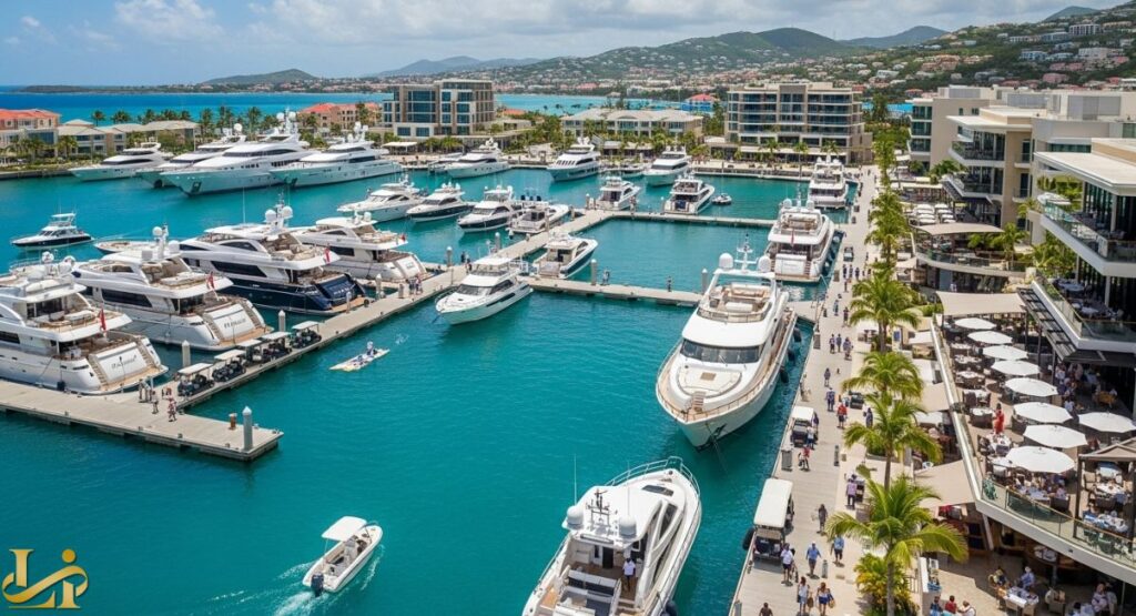 An aerial view of the Yacht Haven Grande Marina in St. Thomas, showing dozens of superyachts docked in bright turquoise water alongside a modern, bustling waterfront promenade lined with palm trees, multi-story luxury buildings, and outdoor dining areas.
