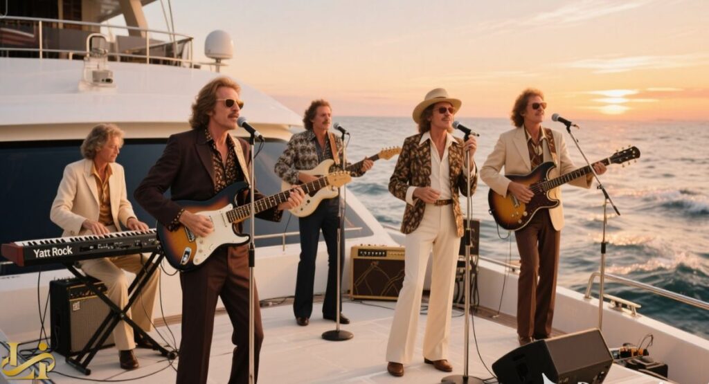 A five-piece band, dressed in 70s-style clothes (brown and beige suits, flared pants), is performing on the deck of a yacht with the ocean and sunset in the background. The musicians are playing a keyboard, two electric guitars, and singing into microphones, illustrating the popular artists and hits of the "Yacht Rock" music genre.