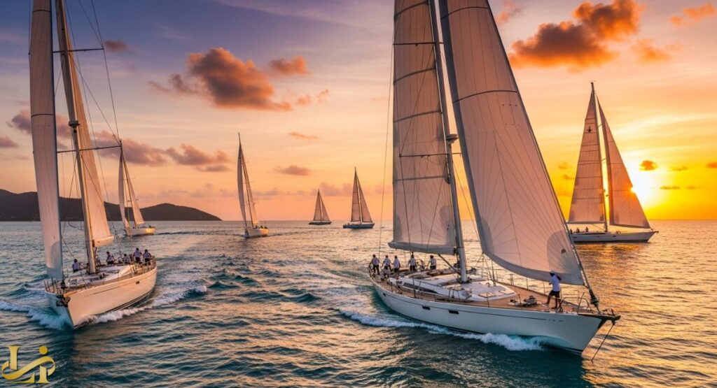 Yachts in below deck sailing yacht : A group of large white sailing yachts with full sails competing or cruising at sunset on the ocean, with the sun low on the horizon and a golden sky.