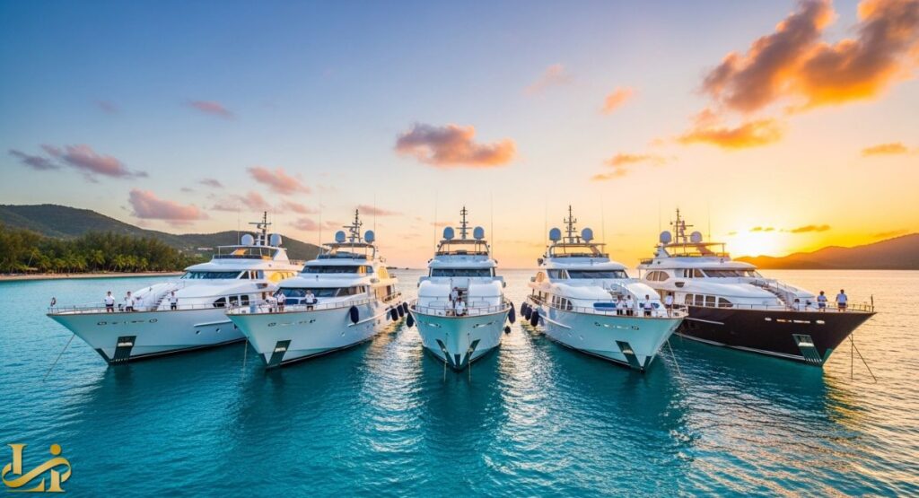 Five large white and one dark-hulled superyachts sailing abreast in formation on the ocean with a colorful sunset and a coastline in the background, featuring a crew standing on the bows.