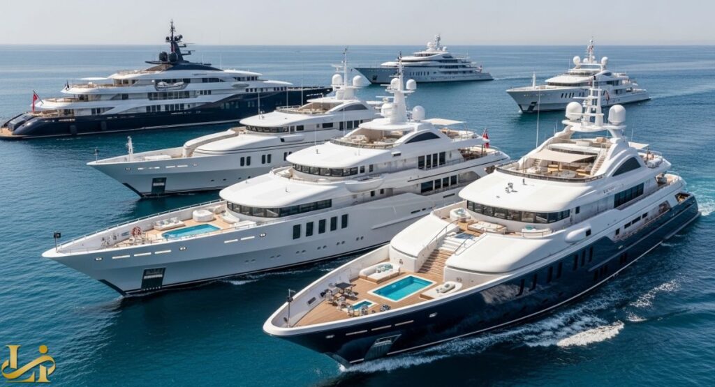 A stunning collection of multiple large luxury superyachts, including one with a dark blue hull and several with white hulls, cruising in formation on a sunny day in open water, with on-deck pools and extensive deck spaces visible, resembling other large, high-end vessels like Koru.