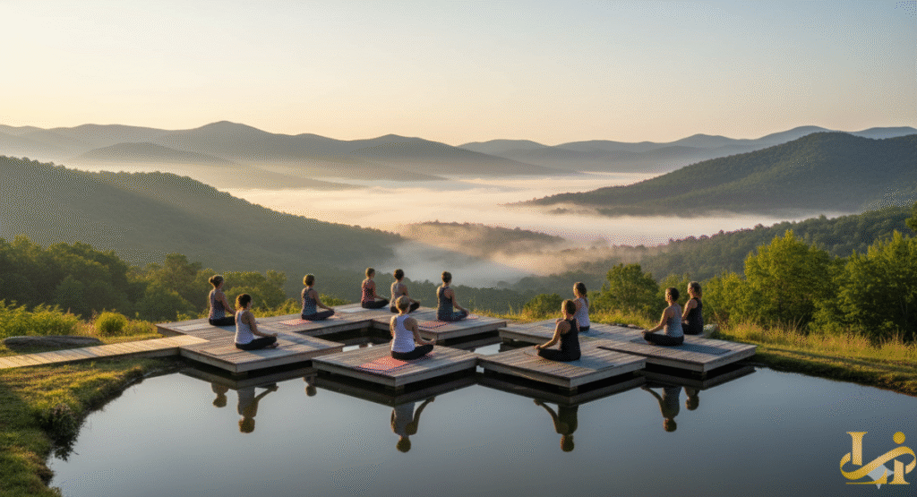 A group of people practicing yoga and meditation on a wooden platform over a calm pool of water, set against a stunning backdrop of the Blue Ridge Mountains covered in morning mist and fog at Primland Resort.