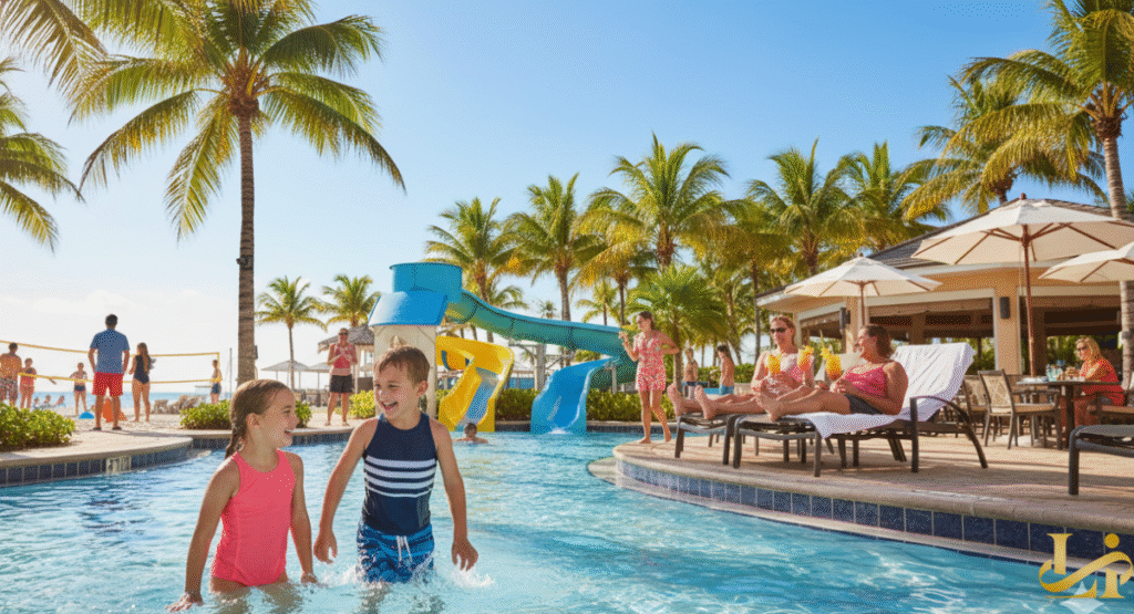 Two happy children smiling in the pool at a family resorts Florida location, with a waterside, palm trees, and volleyball in the background.