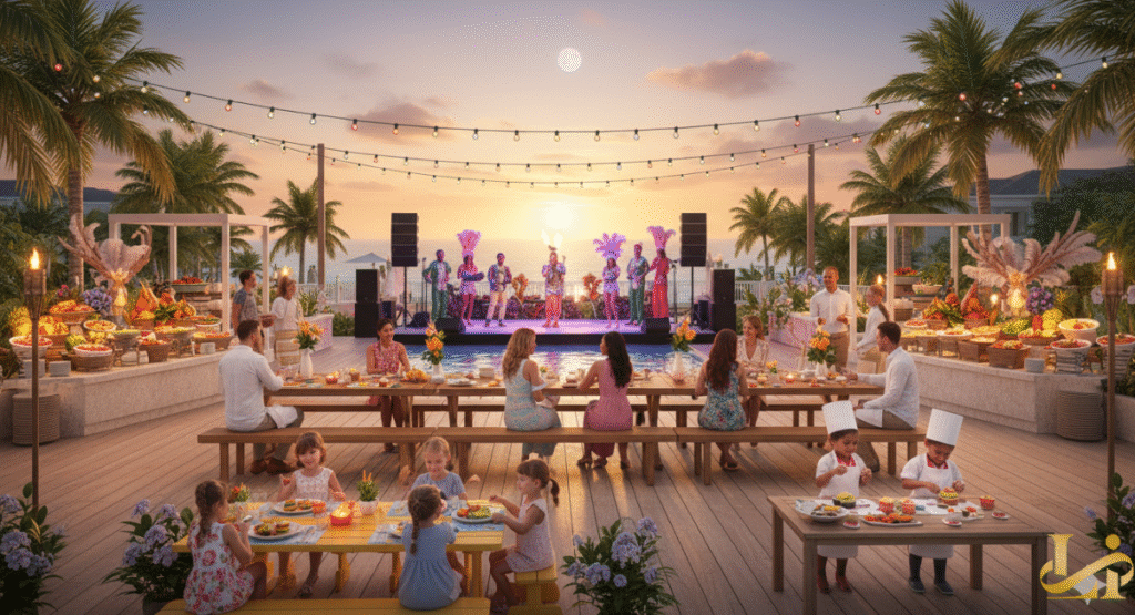 Outdoor evening family buffet and cultural performance at a Bahamas resort, with tables of food, a stage, and palm trees under a full moon.