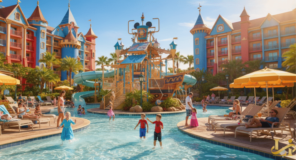 A vibrant family resorts Florida pool scene dominated by a colorful, multi-level water playground and slides shaped like a pirate ship and a castle. The surrounding resort buildings are brightly colored in red and blue, resembling a theme park hotel.