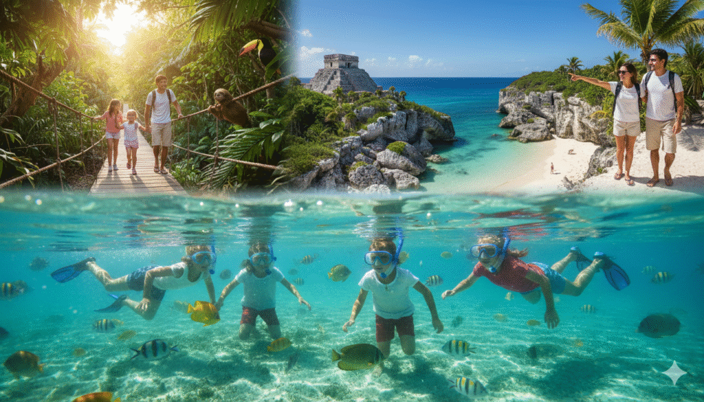 Photo collage showing family excursions in the Riviera Maya: walking through a jungle, visiting the Tulum ruins overlooking the ocean, and snorkeling with tropical fish.