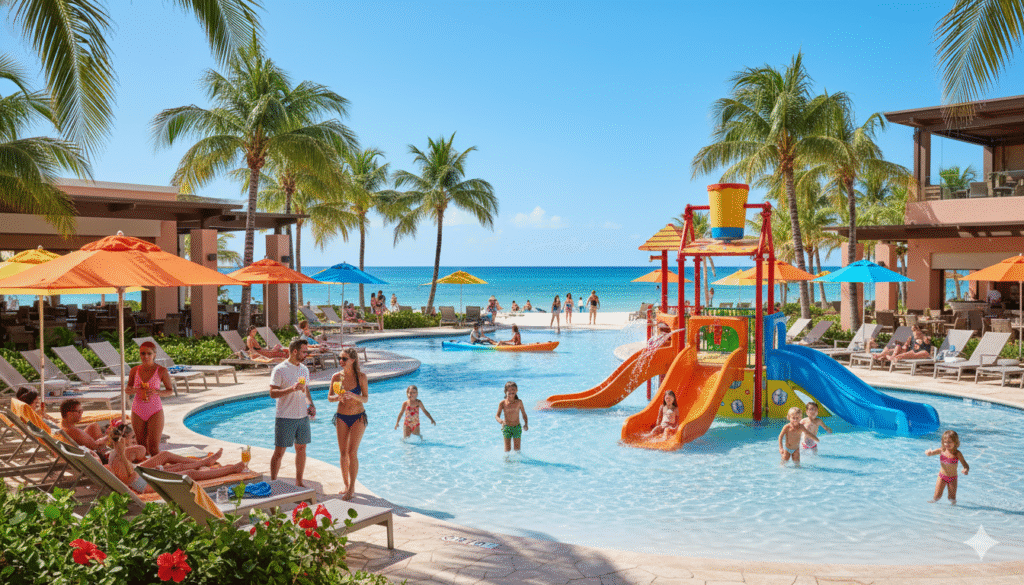 Sunny view of the family pool at Barceló Maya Grand Resort, featuring a water play structure, slides, and people relaxing by the beach.