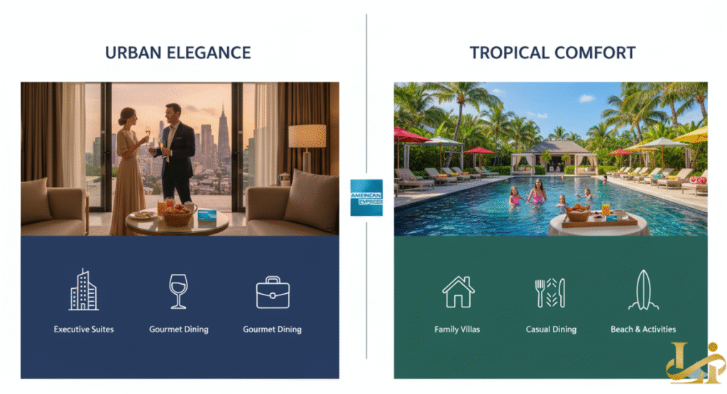 Side-by-side comparison of two luxury travel styles: "Urban Elegance" (a couple in a city hotel suite) and "Tropical Comfort" (a family in a resort pool). This illustrates the key differences between Amex Fine Hotels + Resorts and The Hotel Collection.
