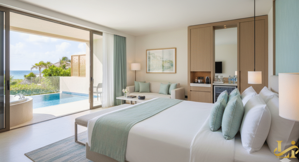 A modern, airy guest suite at Atelier Playa Mujeres Resort featuring a neutral color palette, a large bed with turquoise accents, a sitting area, and expansive sliding glass doors leading to an outdoor balcony with a bathtub and a private plunge pool overlooking the tropical grounds and ocean.