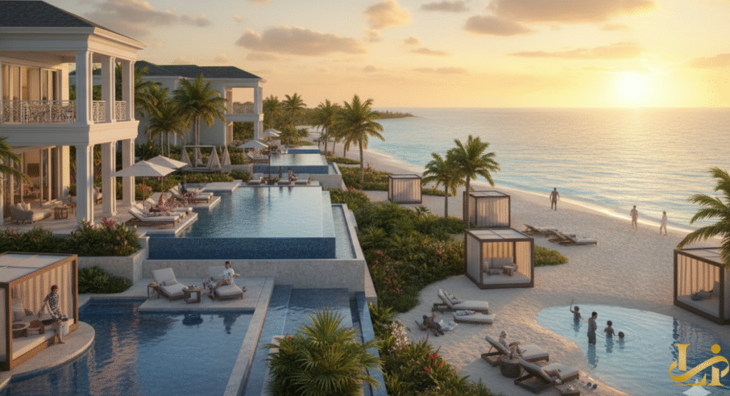 Luxury family resort in the Bahamas at sunset, showing tiered pools, private cabanas on the beach, and large white villas with palm trees.