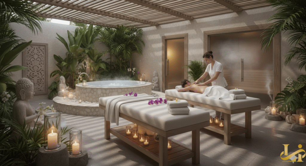 A serene image of the Nuup Spa, possibly at Atelier Playa Mujeres Resort, showing two massage tables, a therapist performing a treatment, a bubbling jacuzzi tub, Buddha statues, and lush tropical plants, all set in a beautifully lit, open-air room with candles.