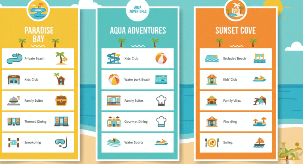 A three-column infographic comparing "Paradise Bay," "Aqua Adventures," and "Sunset Cove" resorts. Features highlighted include Private Beach, Kids Club, Family Suites, Themed Dining, Water Sports, Fine Dining, and Family Villas, illustrating a quick comparison of amenities at family-friendly all-inclusive resorts.
