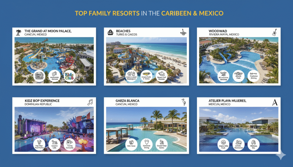 Grid graphic showing a quick comparison of six top family resorts in the Caribbean and Mexico, including The Grand at Moon Palace, Beaches Turks & Caicos, and resorts in Riviera Maya and Dominican Republic.