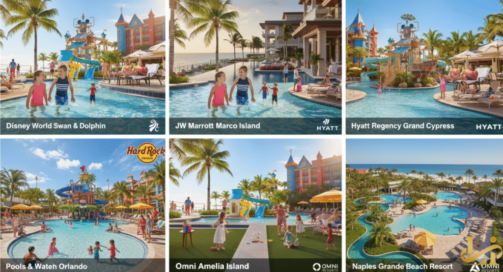 A six-panel photo comparison showing top family resorts Florida, including Disney World Swan & Dolphin, JW Marriott Marco Island, and Omni Amelia Island, highlighting their unique pools, water parks, and beach access.