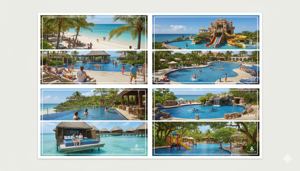 A grid of eight travel photos showcasing diverse luxury and family-friendly resorts globally, including images of a white sand beach, a water park castle, large resort pools with people swimming, an infinity pool overlooking the ocean, and overwater bungalows.