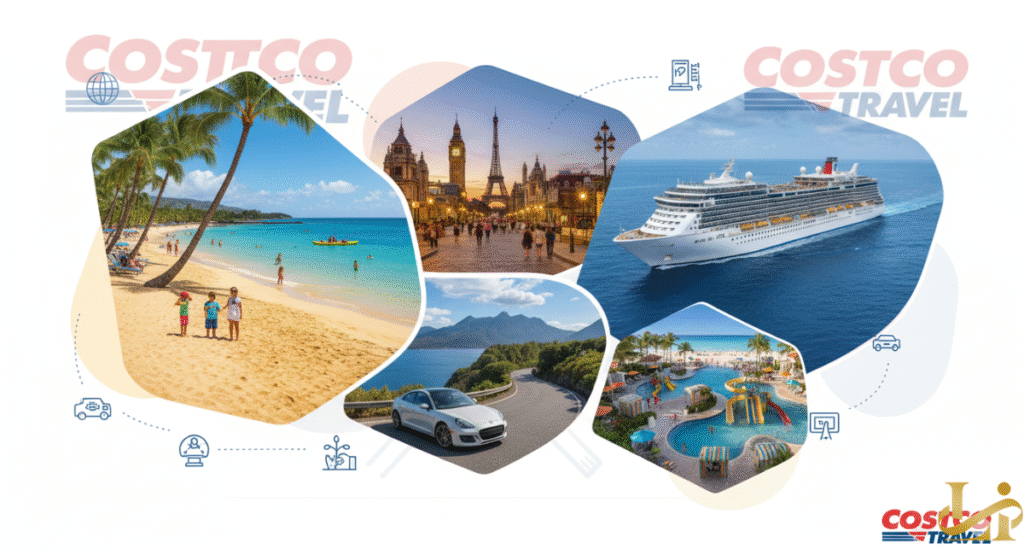Collage image showing various travel options from Costco Travel: a tropical beach, a European city (Paris or London), a cruise ship, a rental car on a scenic road, and a resort pool with water slides.