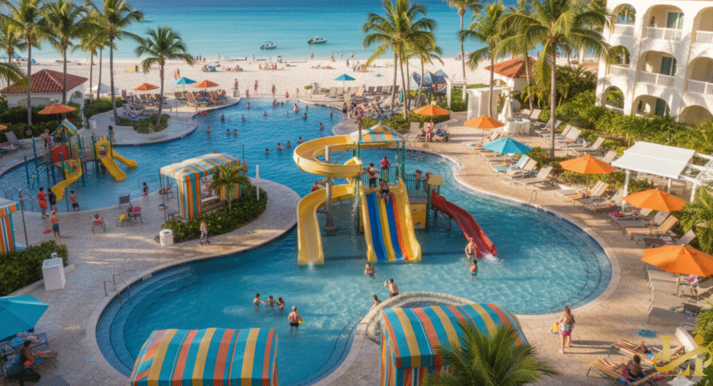 Aerial view of a large, curved swimming pool complex at a Bahamas Family Resorts, featuring multiple colorful waterslides and many children and adults enjoying the water, next to a white-sand beach.