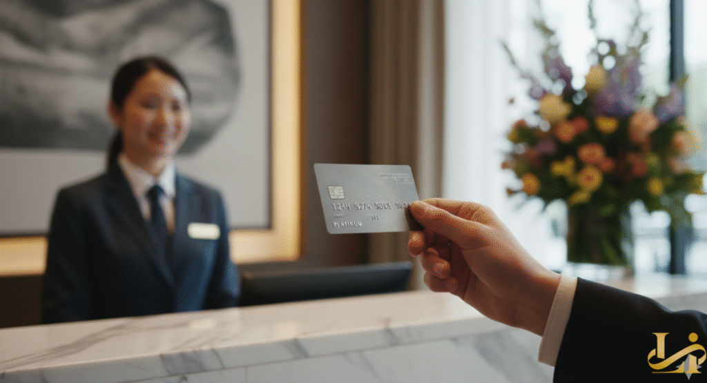 A close-up image of a person's hand, wearing a formal suit jacket, presenting a silver American Express Platinum card to a smiling female hotel receptionist at a check-in desk.