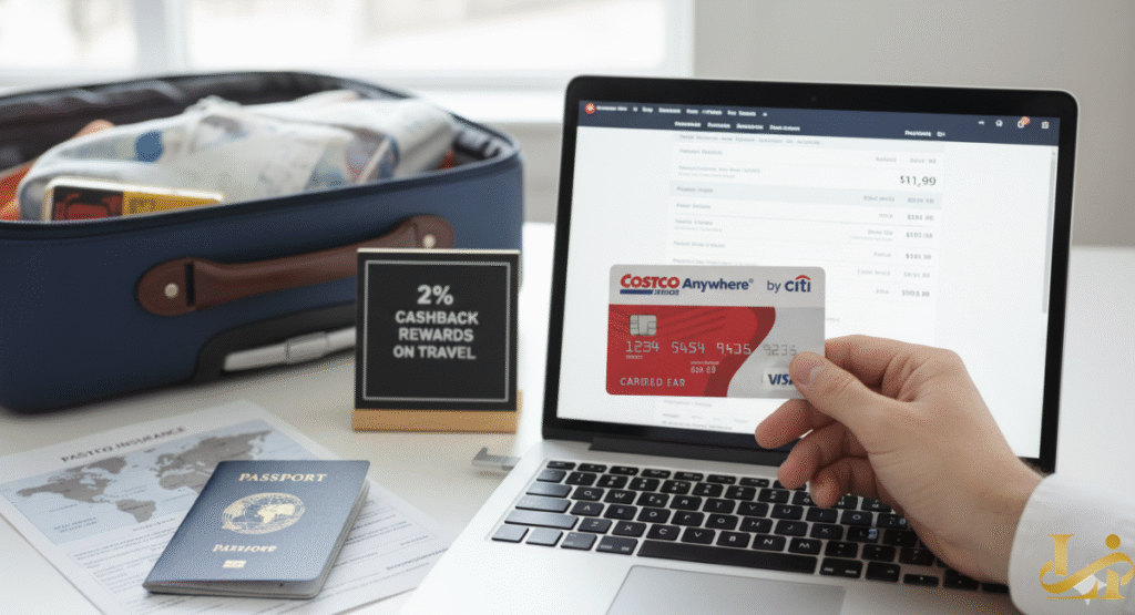 Hand holding the Costco Anywhere Visa® Card by Citi over a laptop showing a travel booking confirmation page, next to a passport, travel insurance papers, and an open suitcase. A sign says "2% Cashback Rewards on Travel.