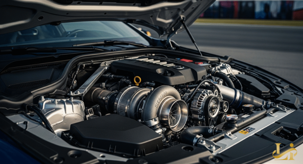 A detailed close-up of the powerful engine bay of the 2026 Toyota GR Supra, featuring a prominent turbocharger. The intricate engineering and high-performance components are clearly visible, highlighting its mechanical prowess.