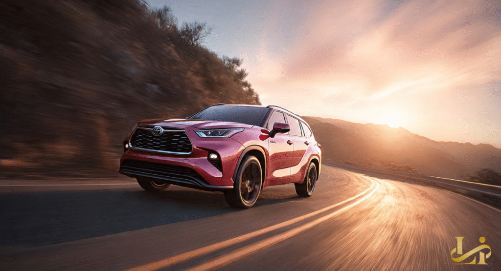 A red SUV driving at high speed along a winding mountain highway with motion blur on the road. The sun is low on the horizon, casting a warm glow across the vehicle's metallic paint and the surrounding hills.
