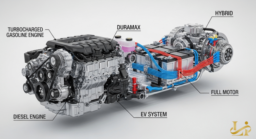 An artistic rendering of a next-generation small-block V8 engine, symbolizing the $888 million investment GM made into this powerplant. The engine is shown with glowing components to represent hybrid or plug-in hybrid technology enhancements.