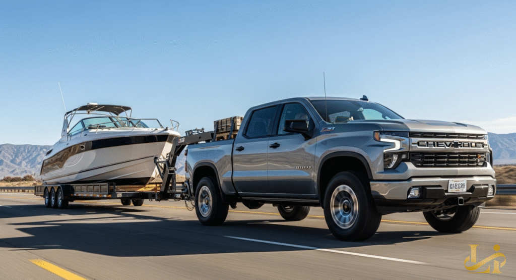 A 2027 Chevy Silverado 1500 effortlessly towing a large horse trailer down a coastal highway. The truck's stance remains level, demonstrating the updated chassis engineering and improved towing dynamics.