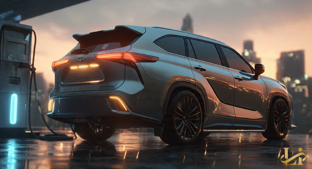 The rear view of a futuristic silver SUV connected to an electric vehicle charging station at dusk. The taillights are glowing bright orange, and the city skyline is blurred in the background.