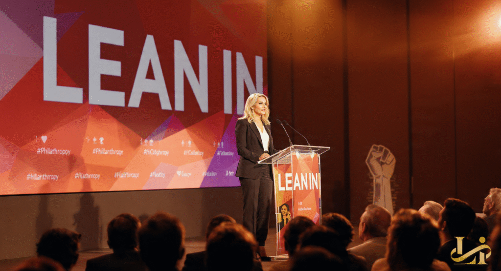 An inspiring wide shot of a woman speaking at a "LEAN IN" branded podium before a large, attentive audience. The background screen displays vibrant geometric patterns and social advocacy hashtags.