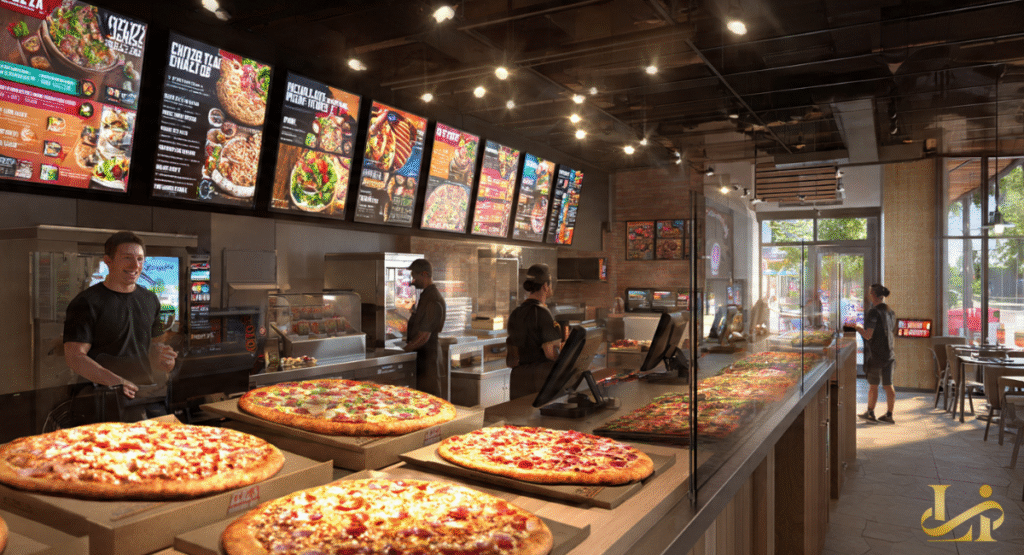 The interior of a modern, fast-casual pizza chain showing digital menu boards, staff at a glass-partitioned counter, and fresh pizzas ready for pickup.