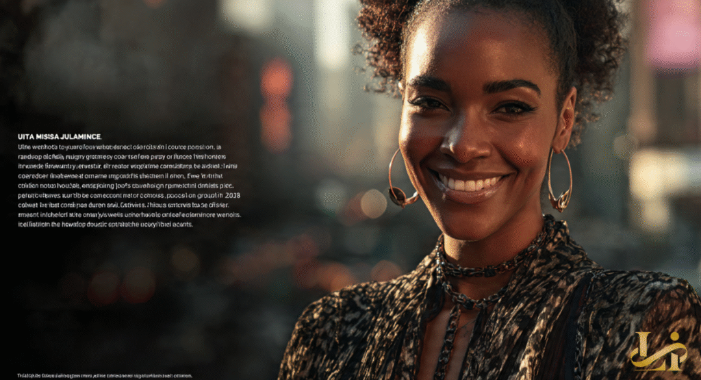 A close-up, smiling portrait of a woman with curly hair tied back, wearing large gold hoop earrings. She is dressed in a dark, patterned blouse against a blurred urban sunset background.