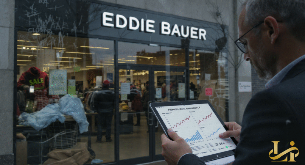 A professional storefront for a major outdoor apparel retailer features a bold logo and large glass display windows, representing the brand's long-standing history before the recent bankruptcy announcements.