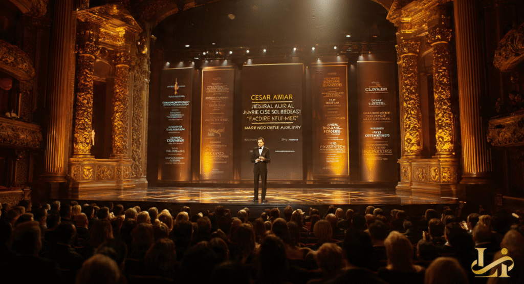 A man in a tuxedo stands alone on a grand, ornate stage, addressing a vast audience in a historic theater, under a banner reading "CESAR AWARD." The scene captures a surprise French speech that clearly stunned the audience at a prestigious awards ceremony.