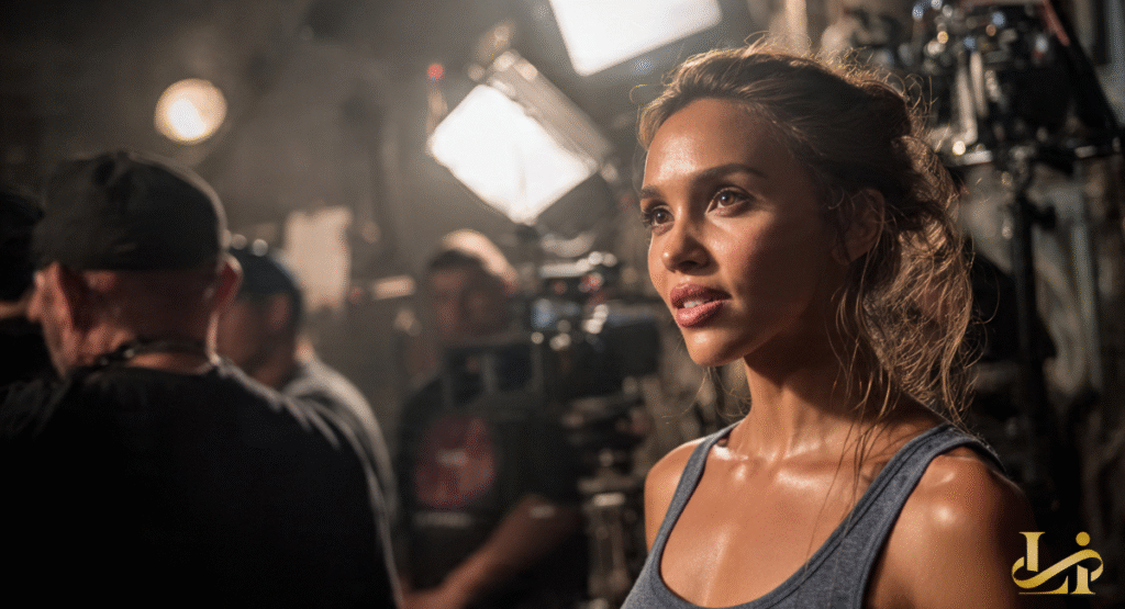 A close-up shot of an actress on a dimly lit film set, surrounded by professional cameras and studio lighting equipment.