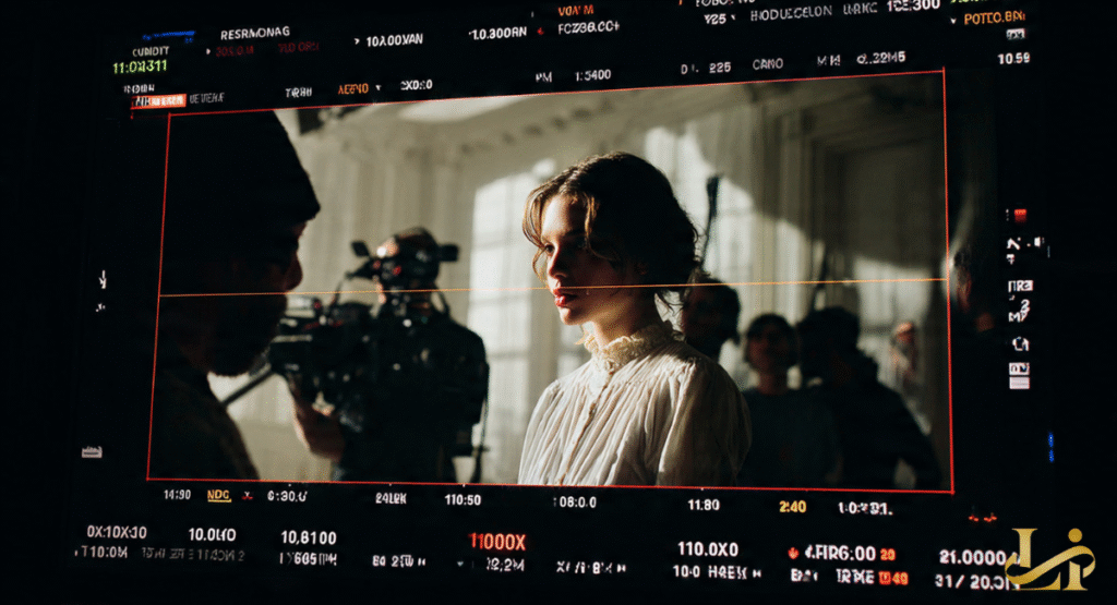 A view of a film production monitor showing a young woman in a period-style white lace dress on set.