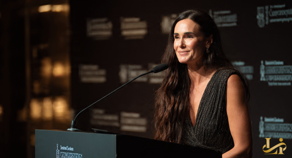 A woman with long dark hair, wearing a shimmering dress, smiles warmly as she speaks into a microphone at a podium. The formal setting suggests she is engaged in important activism or philanthropy work.