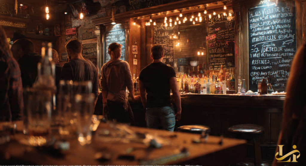 A dimly lit bar scene with several patrons standing around the counter, bottles and glasses visible. The warm glow of string lights illuminates the rustic interior, creating an intimate atmosphere.